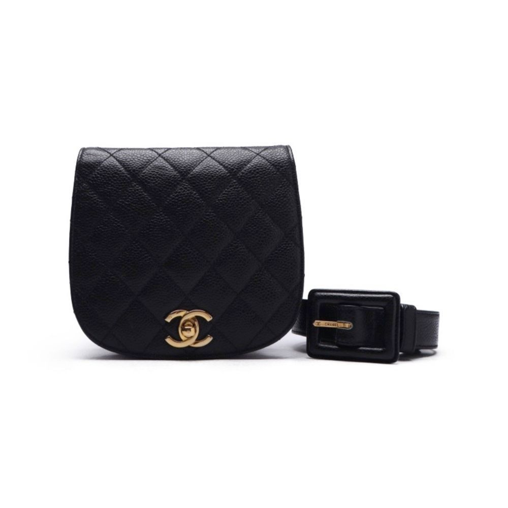 Matelasse Turnlock Waist Bag  Caviar Skin Black Gold Metal Fittings